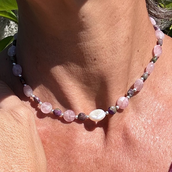Rose Quartz Atlantisite Coin & freshwater pearl Set in .925 Sterling Silver S14 - Picture 8 of 13